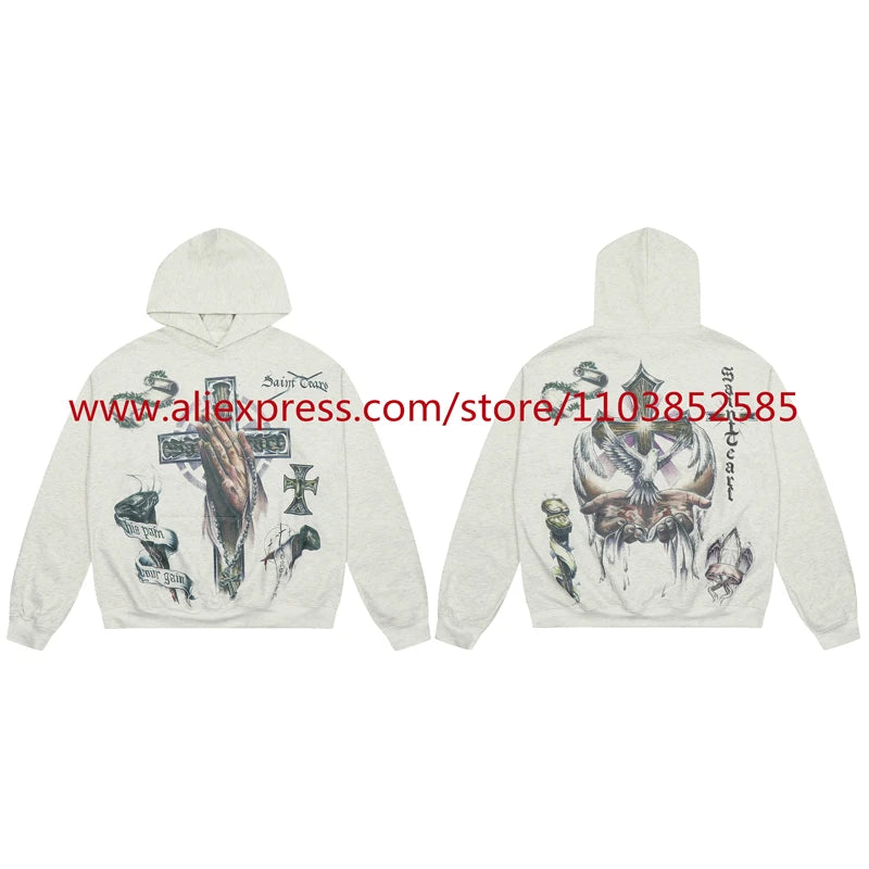 2024s Vintage Hoodie Sweatshirt Autumn/Winter High Street High Quality Cartoon Cross White Pigeon Print Oversize Tops Casual Street King Limited