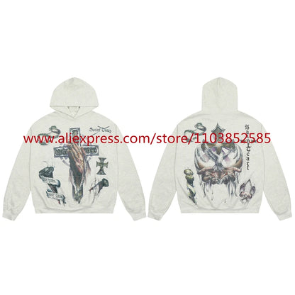 2024s Vintage Hoodie Sweatshirt Autumn/Winter High Street High Quality Cartoon Cross White Pigeon Print Oversize Tops Casual Street King Limited