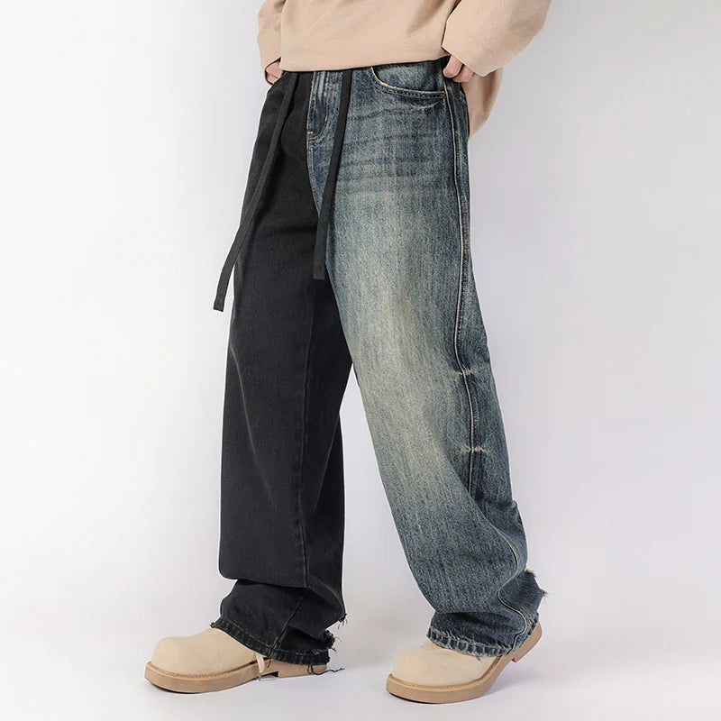 men streetwear fashion black blue splice hip hop loose casual wide leg straight baggy jeans pant cityboy jeans pants trousers vintage washed jeans