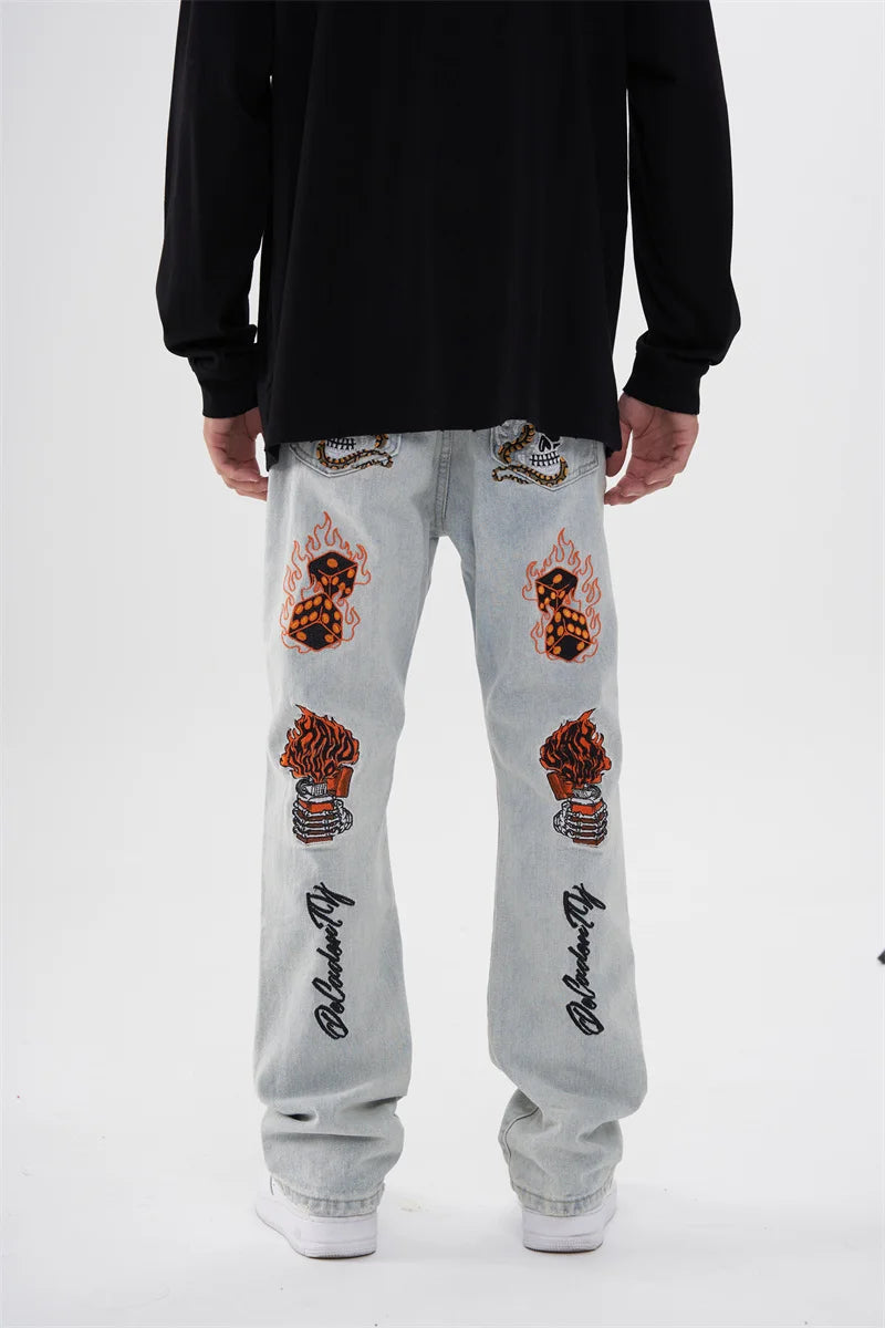 fashion back skull letters embroidery denim flare jeans mens zipper straight trouser hip hop streetwear pants joggers jeans men unique joggers style 5103