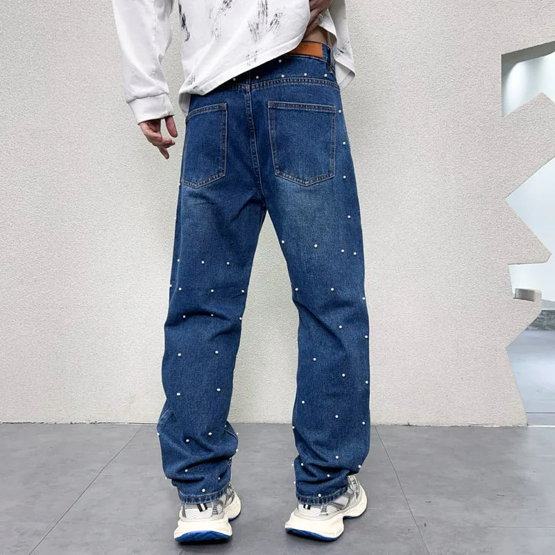 men bead streetwear fashion hip hop vibe loose casual wide leg straight denim jeans baggy pant man boyfriend jeans trousers stacked flare jeans