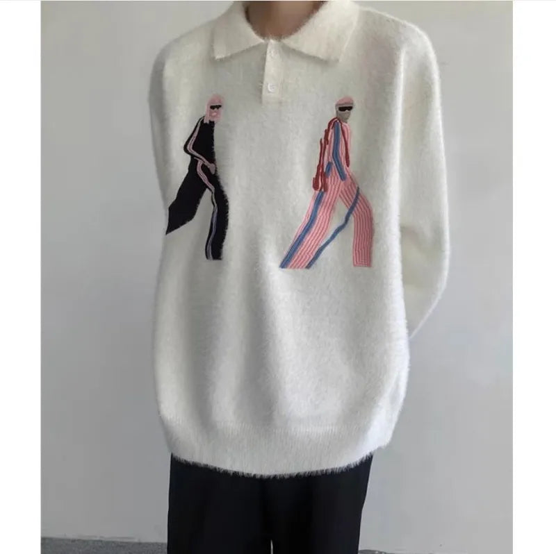 Korean Embroidery Lapel Sweater Mens Spring Street Trends Soft Seahorse Hair Loose Pullover Thickening Y2K Couple Knitwear New Street King Limited