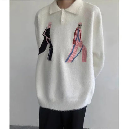 Korean Embroidery Lapel Sweater Mens Spring Street Trends Soft Seahorse Hair Loose Pullover Thickening Y2K Couple Knitwear New Street King Limited