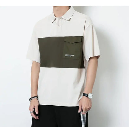 New polo shirt men's contrast color lapel spliced long sleeve t-shirt japanese large size loose sweatshirt bottoming shirt tops Street King Limited
