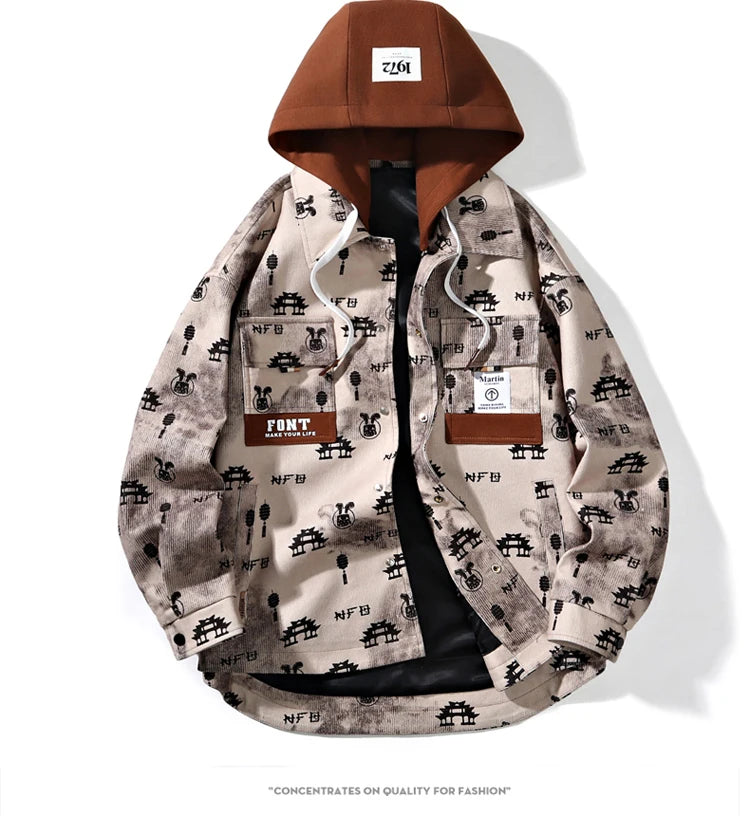 full print jackets for men spring autumn new colour clash hooded coat chest pockets design y2k jackets large size hip hop unique default style 5863