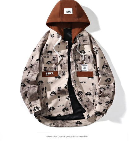 full print jackets for men spring autumn new colour clash hooded coat chest pockets design y2k jackets large size hip hop unique default style 5863