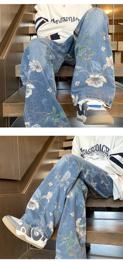 american high street floral printed jeans for men 2024 new y2k vintage denim trousers hip hop fashion wide leg baggy jean pants unique jeans style 401