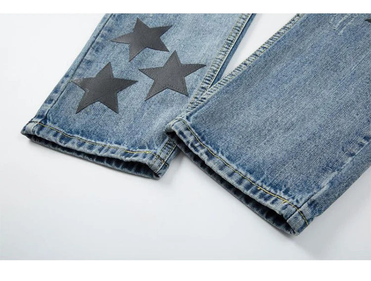 fashion ripped destroied jeans trousers distressed biker jeans with stars high street slim pants joggers denim jeans for men unique joggers style 2257