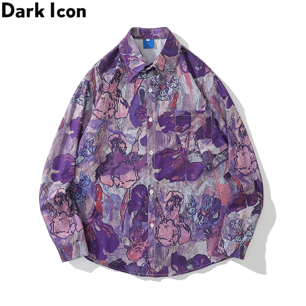 Dark Icon Full Printing Oversized Men's Blouse Turn-down Collar Shirts for Men Long Sleeve Street King Limited