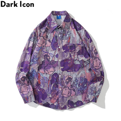 Dark Icon Full Printing Oversized Men's Blouse Turn-down Collar Shirts for Men Long Sleeve Street King Limited
