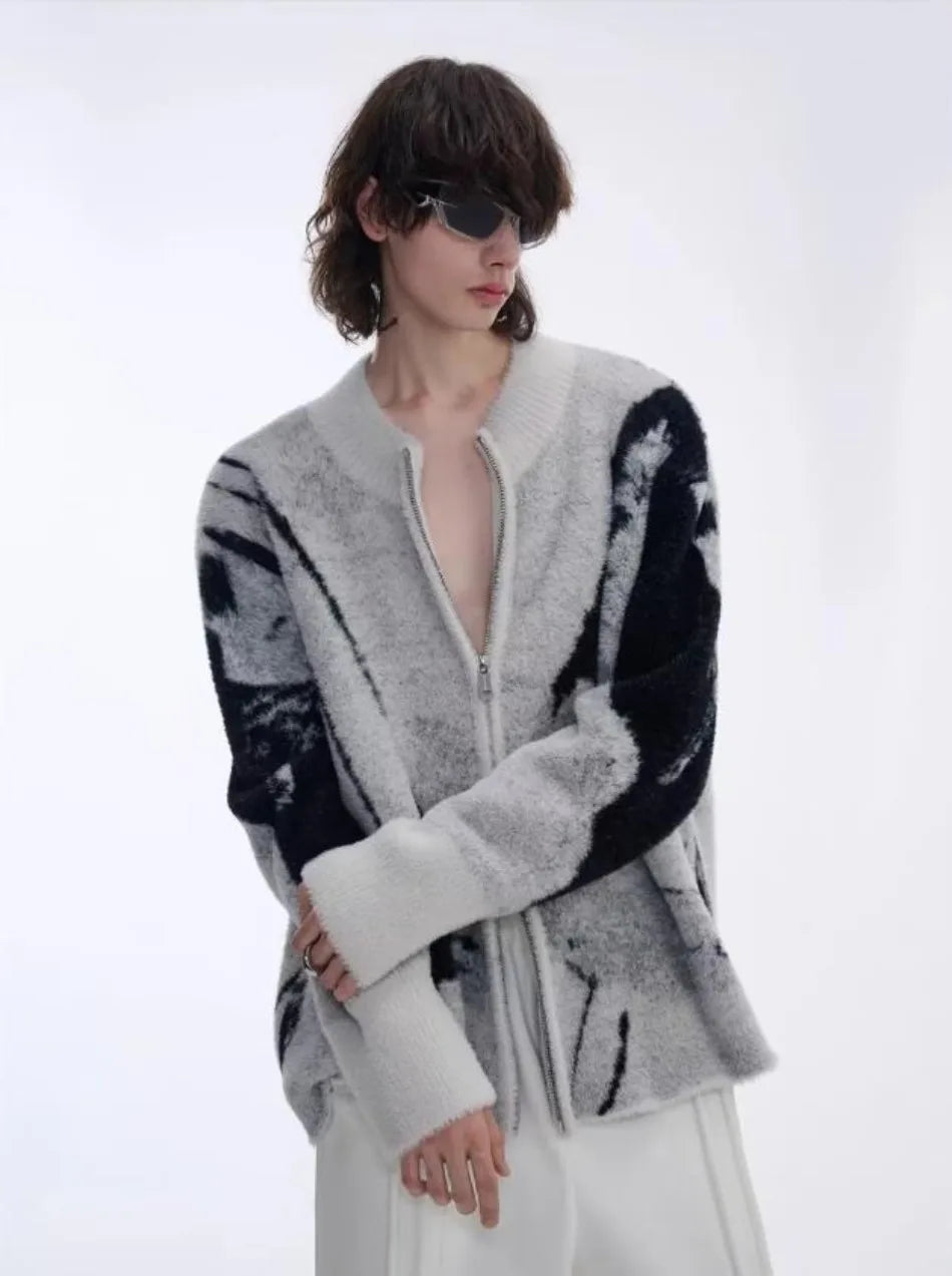 Color Blocked Gradient Cardigan Mens Imitation Mink Fur Jacquard Trend Couple Knitted Jacket Zipper High Street Sweater Coats Street King Limited