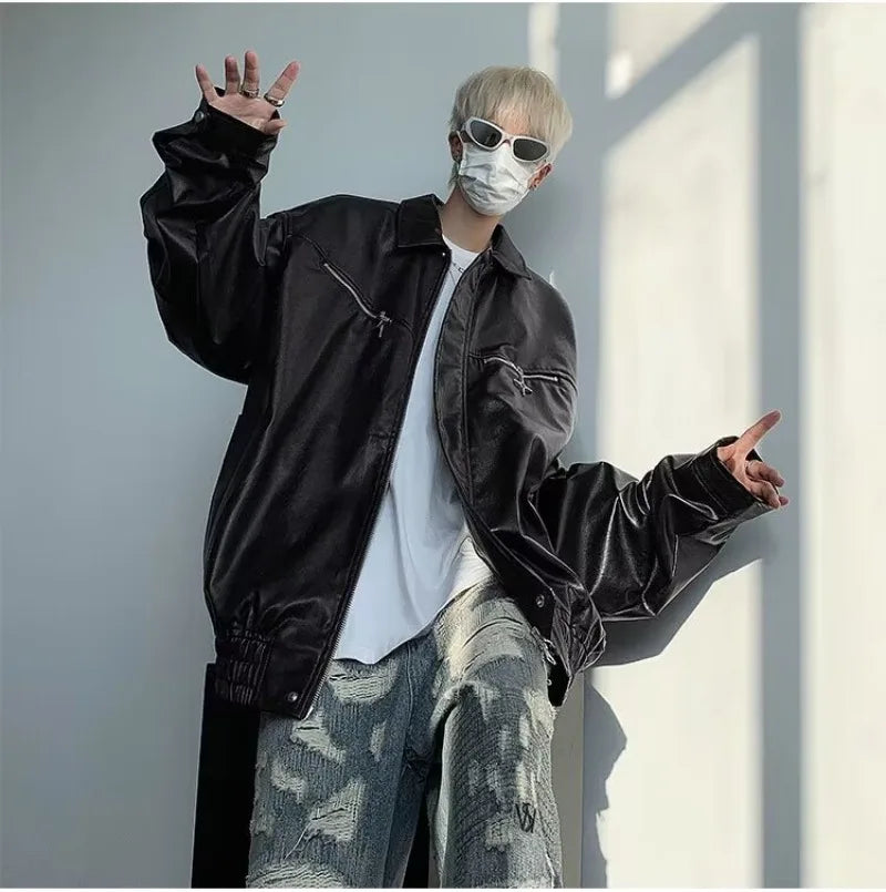 retro motorcycle pu leather jacket mens high street punk zipper decoration loose coats unisex hip hop fashion outwear spring unique default style 2047