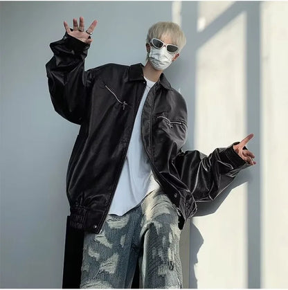 retro motorcycle pu leather jacket mens high street punk zipper decoration loose coats unisex hip hop fashion outwear spring unique default style 2047