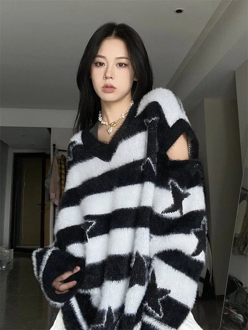Punk Gothic Long Sweater Women Furry Knitted Sweaters Y2K Streetwear Loose Hollow Out Detachable Pullovers Harajuku Sexy Tops Street King Limited