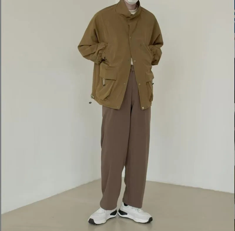 japanese spring jacket mens single breasted stand collar harajuku unisex coats solid big pocket drawstring casual men outwear unique default style 1876