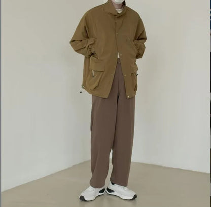 japanese spring jacket mens single breasted stand collar harajuku unisex coats solid big pocket drawstring casual men outwear unique default style 1876