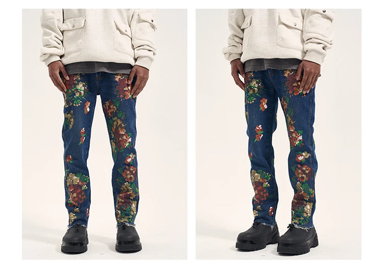 graffiti floral printed denim jean mens new casual zipper biker jeans fashion high street slim fit pants joggers hip hop jeans unique joggers style 559