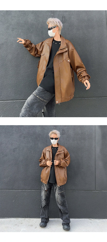 spring autumn vintage cool soft pu leather moto jacket men luxury designer clothes motorcycle trendy jacket with pockets unique default style 5963