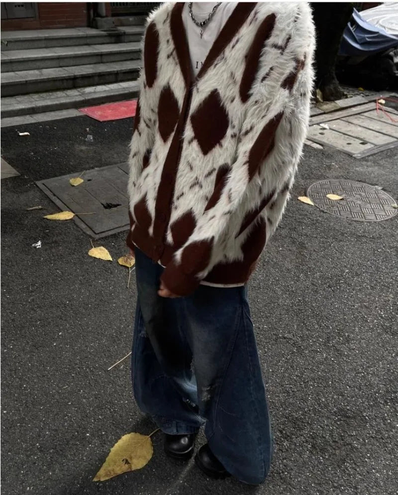 2024 New College Casual Mens Cardigan Autumn Diamond Grid Color Block Street Unisex Knitted Jacket Loose V-neck Sweater Coats Street King Limited
