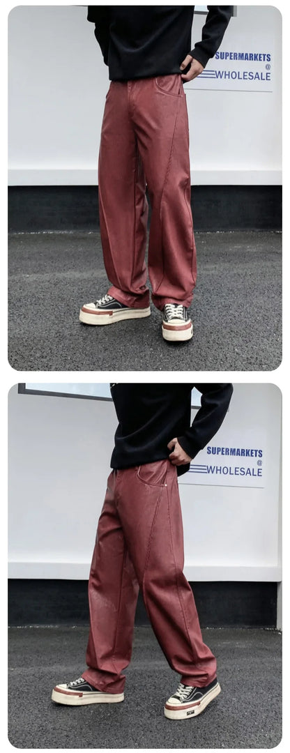 men streetwear fashion hip hop loose casual straight leather motorcycle pant man y2k trousers pants stage clothing unique default style 2296