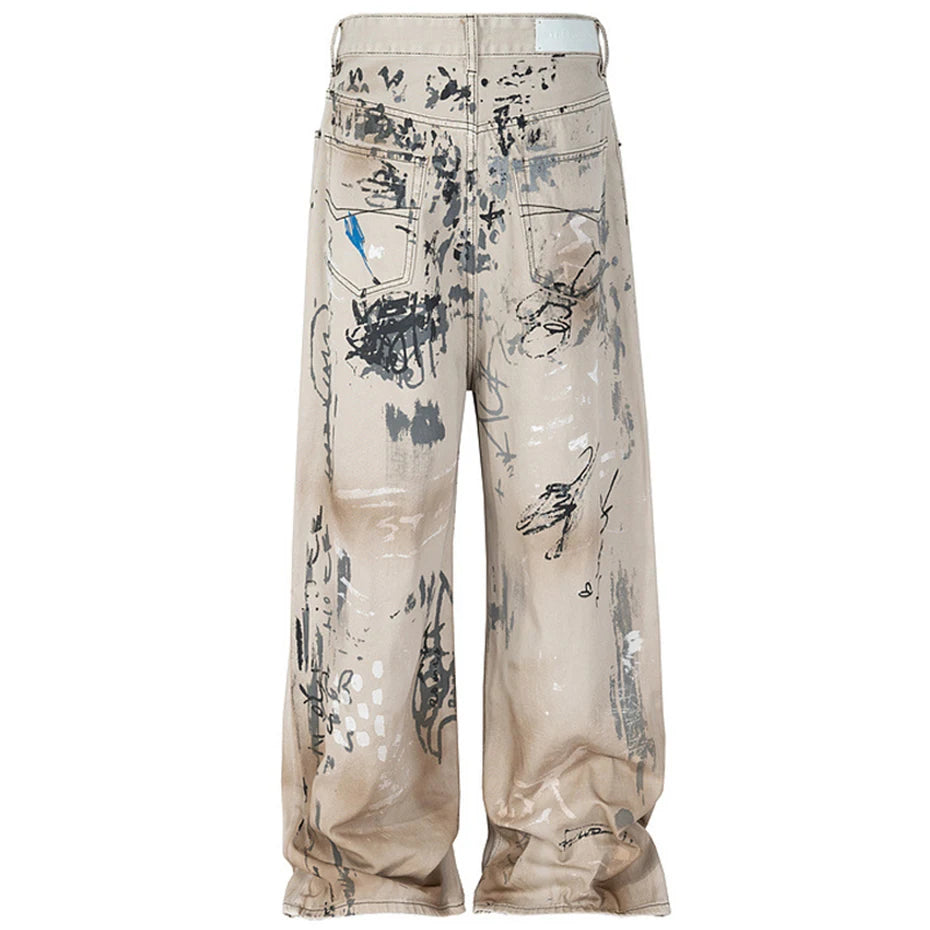 men hip hop baggy jeans graffiti printed loose straight denim pants dirty washed streetwear fashion jeans trousers white unique jeans style 684