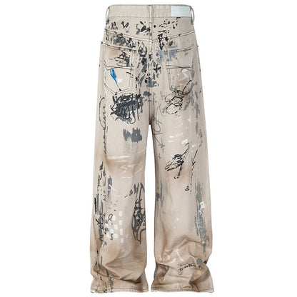 men hip hop baggy jeans graffiti printed loose straight denim pants dirty washed streetwear fashion jeans trousers white unique jeans style 684