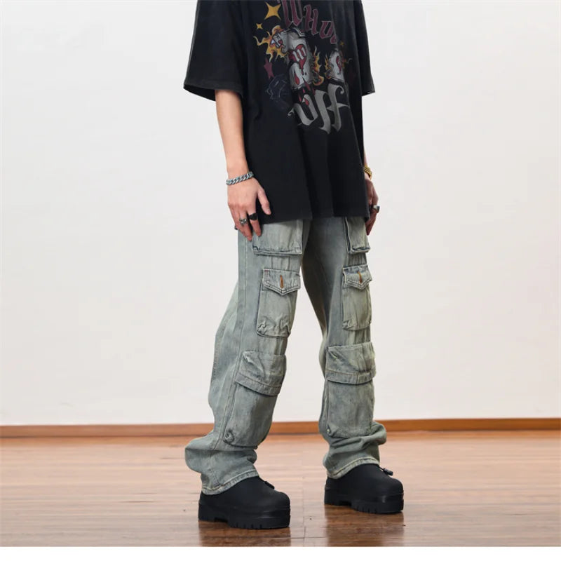 hip hop cargo denim pants streetwear plain denim pants mens harajuku cotton casual joggers jeans loose straight pants trousers relaxed fit joggers