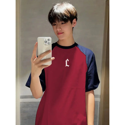 American summer personalized retro creative short-sleeved T-shirt for men new Korean style splicing raglan sleeves for couples Street King Limited