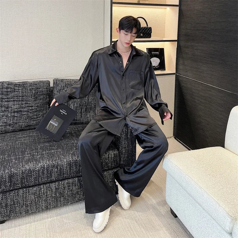 men silk style streetwear fashion loose casual long sleeve shirts pants 2 pieces sets male vintage suits blouses trousers minimalist street pants