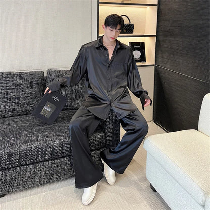 men silk style streetwear fashion loose casual long sleeve shirts pants 2 pieces sets male vintage suits blouses trousers minimalist street pants