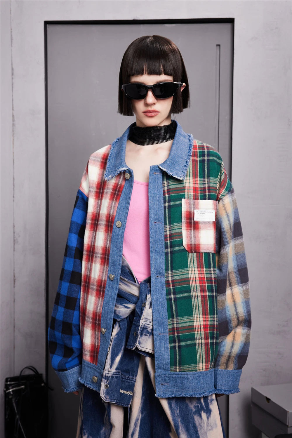 men hip hop denim jacket plaid patchwork oversized harajuku y2k unisex jeans jackets 2023 man fashion causal jacket outwear unique jeans style 1397