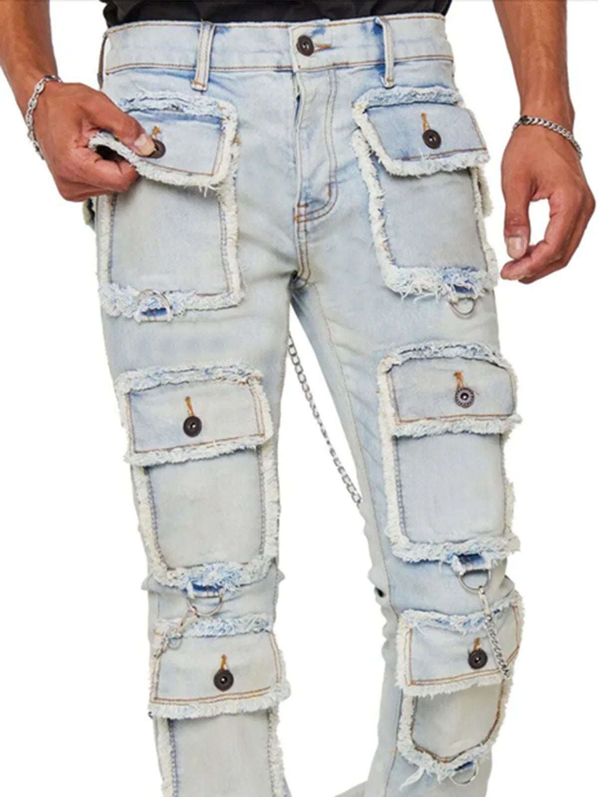 heavy industry multi pockets design denim cargo pants mens streetwear men clothing y2k aesthetic elastic slim fit jeans for man unique cargo style 2562