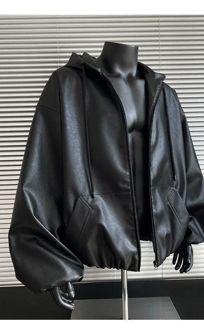 pu leather bomber jacket men streetwear fashion loose casual vintage leather hooded short motorcycle jacket hoody coat outerwear unique shorts style 571