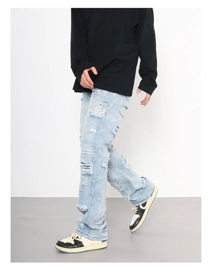 men distressed ripped destroied holes denim jean pants fashion zipper biker jeans streetwear flare pants joggers y2k men s jeans unique joggers style 2789