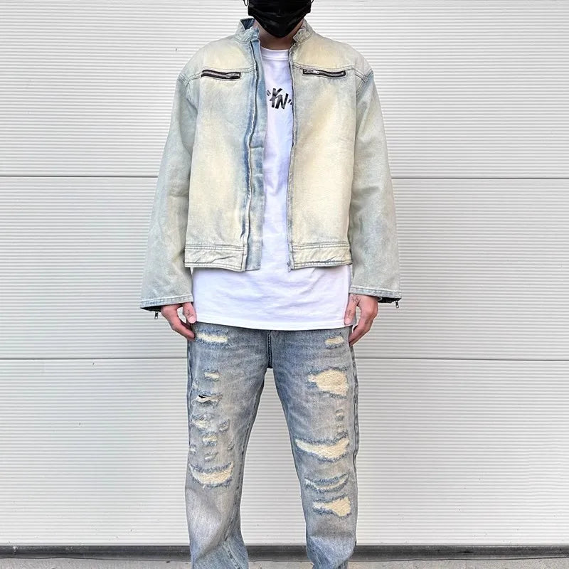 y2k streetwear washed biker jeans jackets for men and women zipper pocket ropa hombre windbreaker denim coat oversized unique jeans style 804
