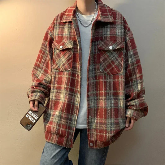 autumn plaid shirt tweed jacket for men turn down collar casual button cardigan jackets y2k vintage streetwear outerwear coats clean everyday pants