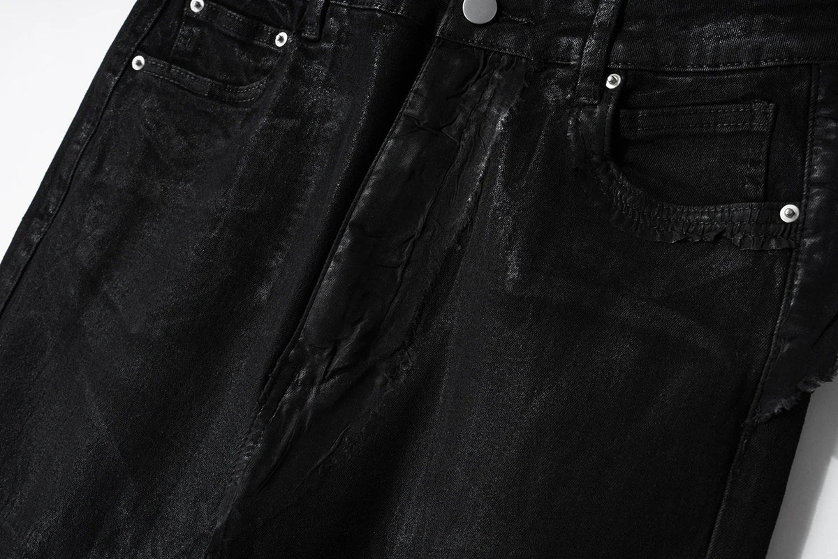 y2k streetwear wax leather strecth jeans for men and women ropa hombre baggy flare pants oversized straight denim trousers 1 unique jeans style 329