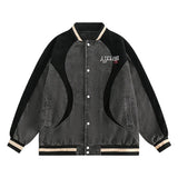 Streetwear Hit Color Patch Baseball Denim Jackets for Men High Street Graphic Print Oversized Washed Jacket Coat Single Breasted Street King Limited