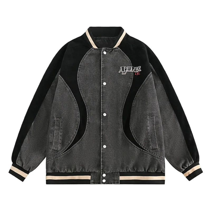 Streetwear Hit Color Patch Baseball Denim Jackets for Men High Street Graphic Print Oversized Washed Jacket Coat Single Breasted Street King Limited