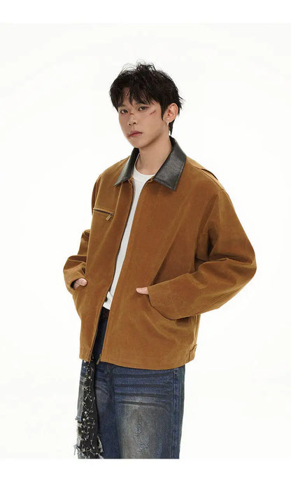 2025 american streetwear retro leather collar bomber jacket men loose casual fashion short cargo jacket spring autumn coat unique cargo style 446