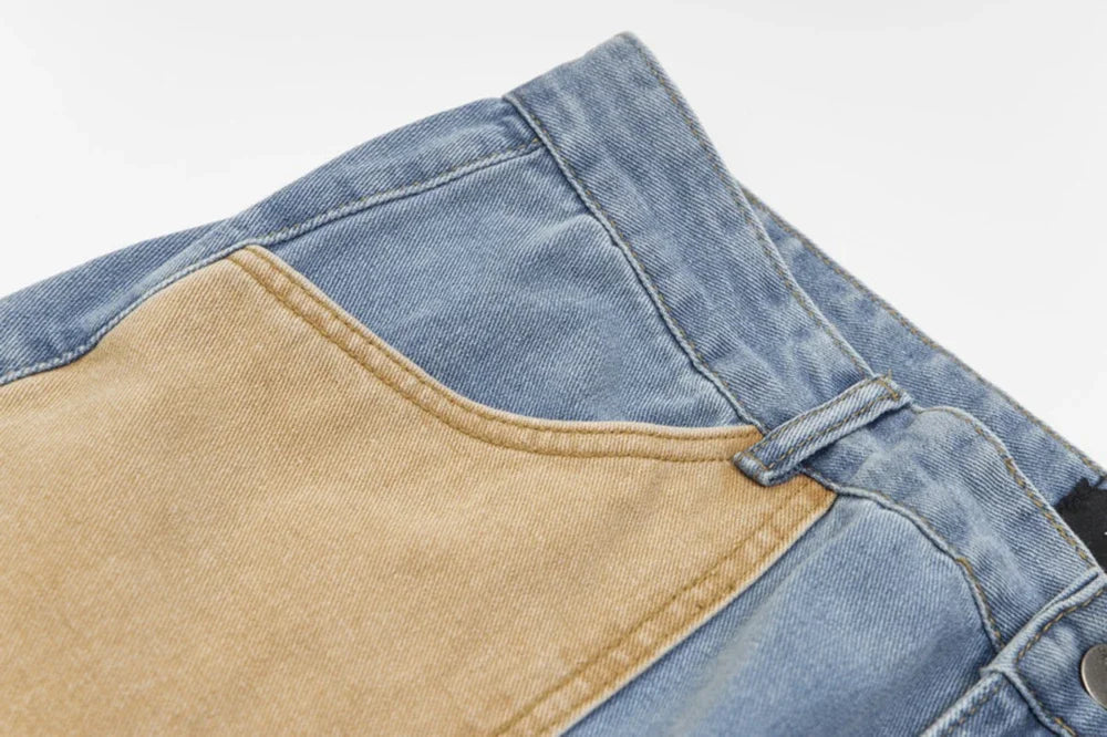 new contrast color pockets washed blue baggy denim trousers mens and women straight patchwork loose casual jeans oversize cargos unique cargo style 184