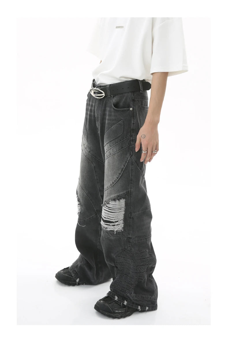 fashion loose streetwear denim jeans new casual wide legs straight jean pants hip hop ripped joggers baggy jeans men clothing unique joggers style 3383