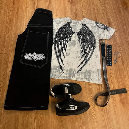 harajuku tapout and wexwear suit graphic embroidered jeans black skateboard pants y2k jeans tracksuit t shirt for men streetwear stacked flare jeans