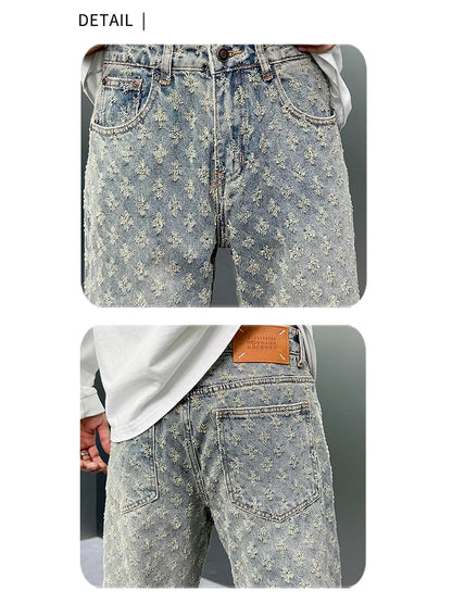 Men Wide Leg Denim Pants High Street American Retro Jacquard Loose Straight Jeans Y2K Fashion Streetwear Baggy Trousers Street King Limited