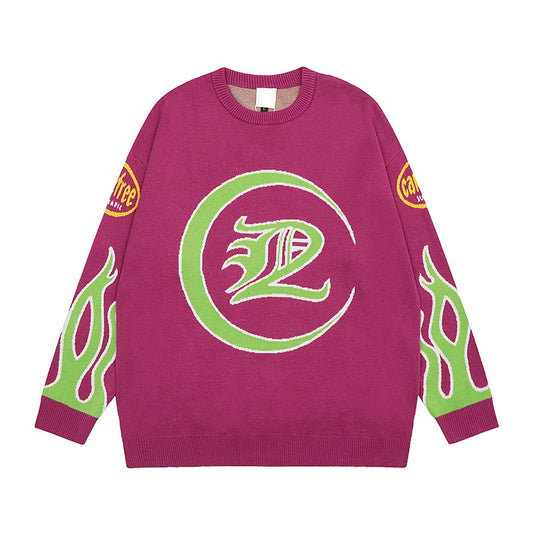 Hip Hop Knitted Sweater Men Letter Fire Pattern O-neck Pullover Streetwear Casual Loose Sweater Unisex Harajuku Jumpers Knitwear Street King Limited