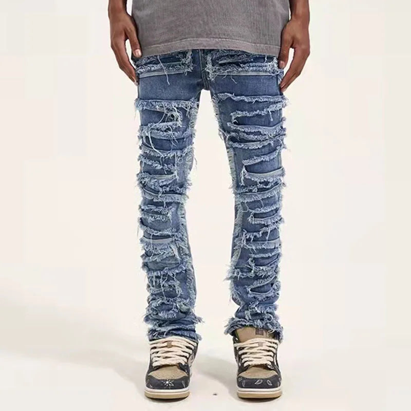 retro hole ripped distressed jeans for men straight washed harajuku hip hop loose denim trousers vibe style casual jean pants urban skinny jeans