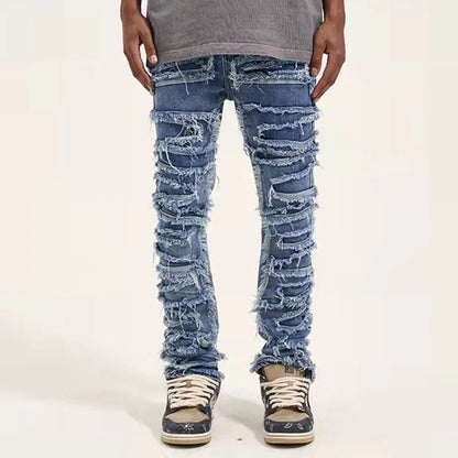 retro hole ripped distressed jeans for men straight washed harajuku hip hop loose denim trousers vibe style casual jean pants urban skinny jeans