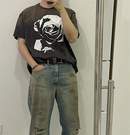 Vintage 90s Old School Style Sunfade Rose Cracking Washed Old Streetwear Printed T-shirt For Men Street King Limited