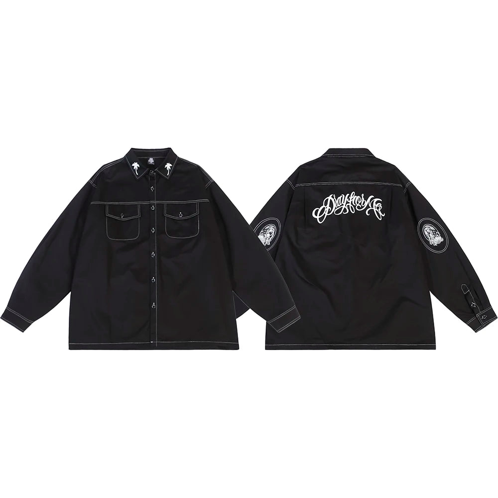 Trees Print On the Neck Black Long Sleeve Shirts for Men High Street Baggy Y2k Camisas Oversized Harajuku Casual Clothing Street King Limited