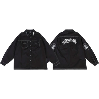 Trees Print On the Neck Black Long Sleeve Shirts for Men High Street Baggy Y2k Camisas Oversized Harajuku Casual Clothing Street King Limited